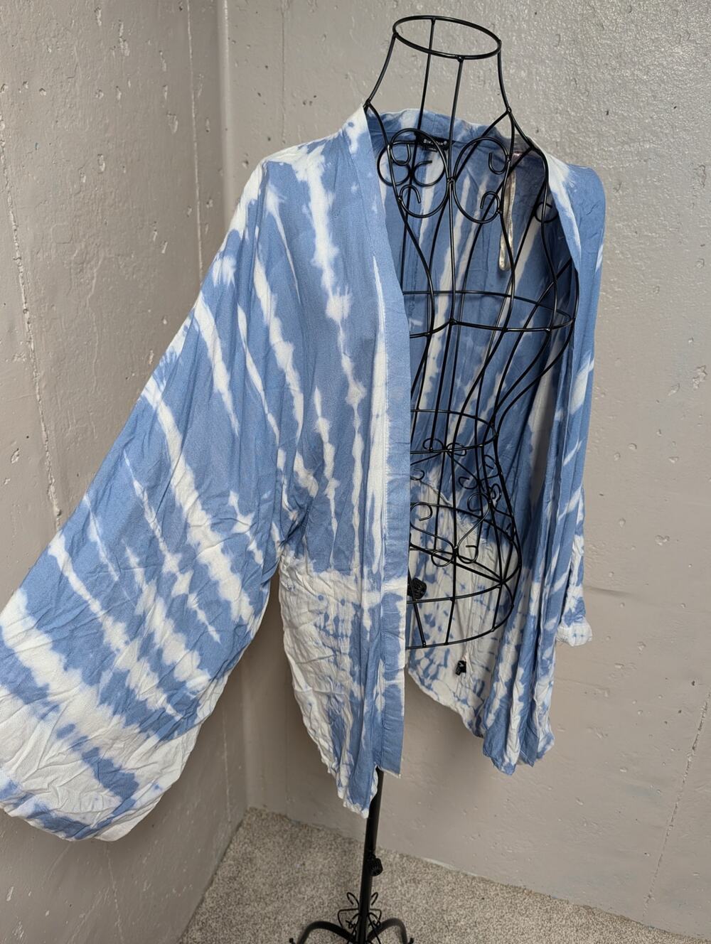 Sim & Sam Blue White Tie Dye Boho Kimono Cardigan S/M Hippie Festival